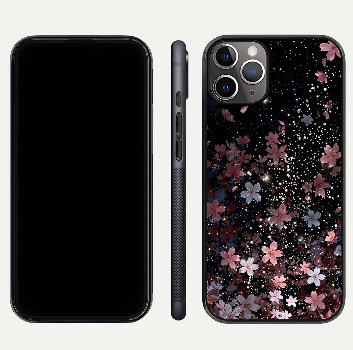 Starlit Flower Dreams Glass Case for iPhone 11 Pro Max close-up angled shot highlighting petal reflection and HD depth