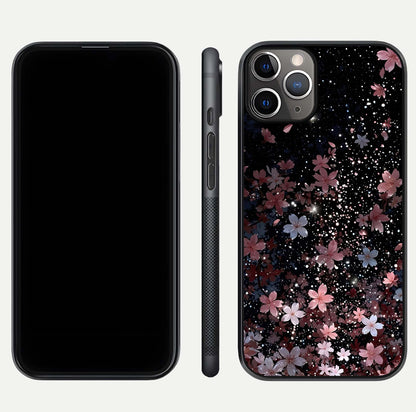 Starlit Flower Dreams Glass Case for iPhone 11 Pro Max close-up angled shot highlighting petal reflection and HD depth