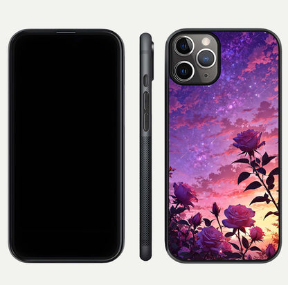 Starlit Rose Twilight Glass Case for iPhone 11 Pro Max close-up angled shot highlighting rose detail and reflection