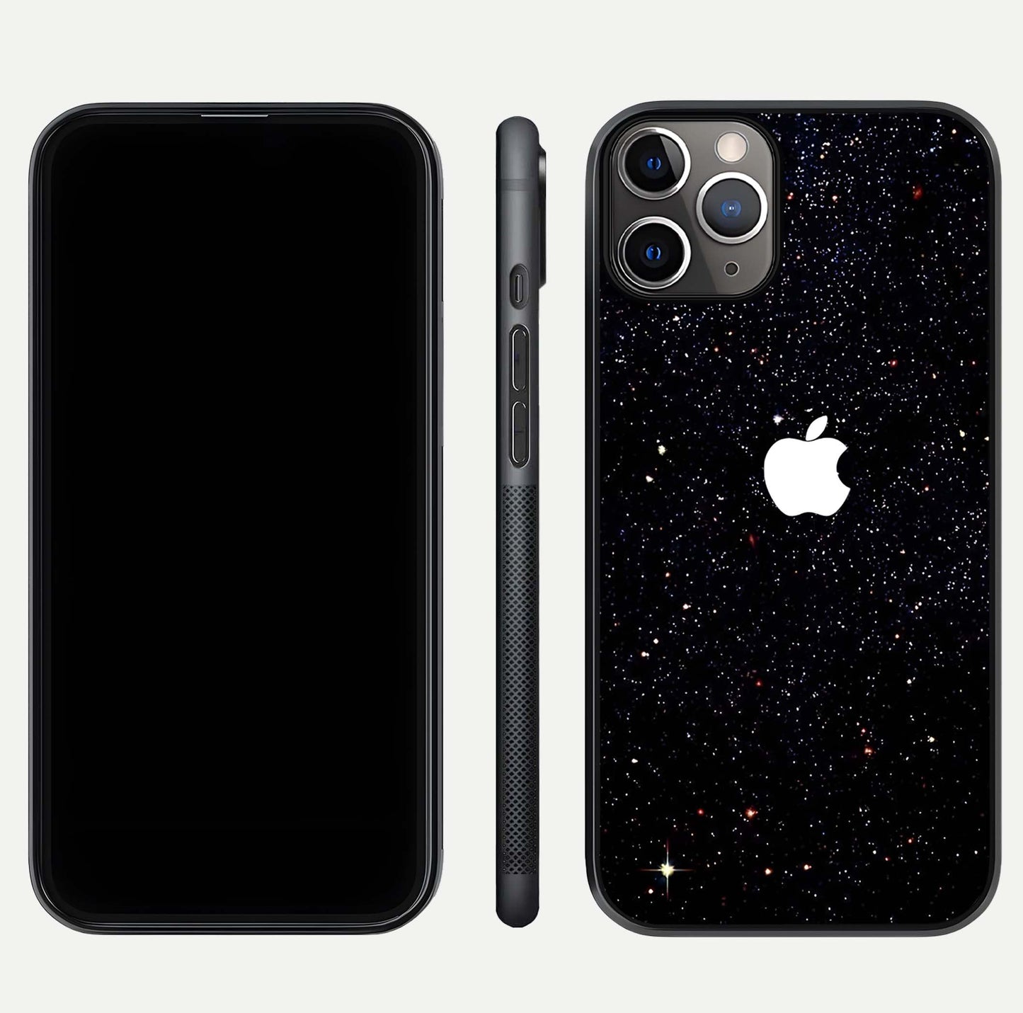 Starry Apple Galaxy Glass Case for iPhone 11 Pro Max close-up angled shot highlighting star details and gloss