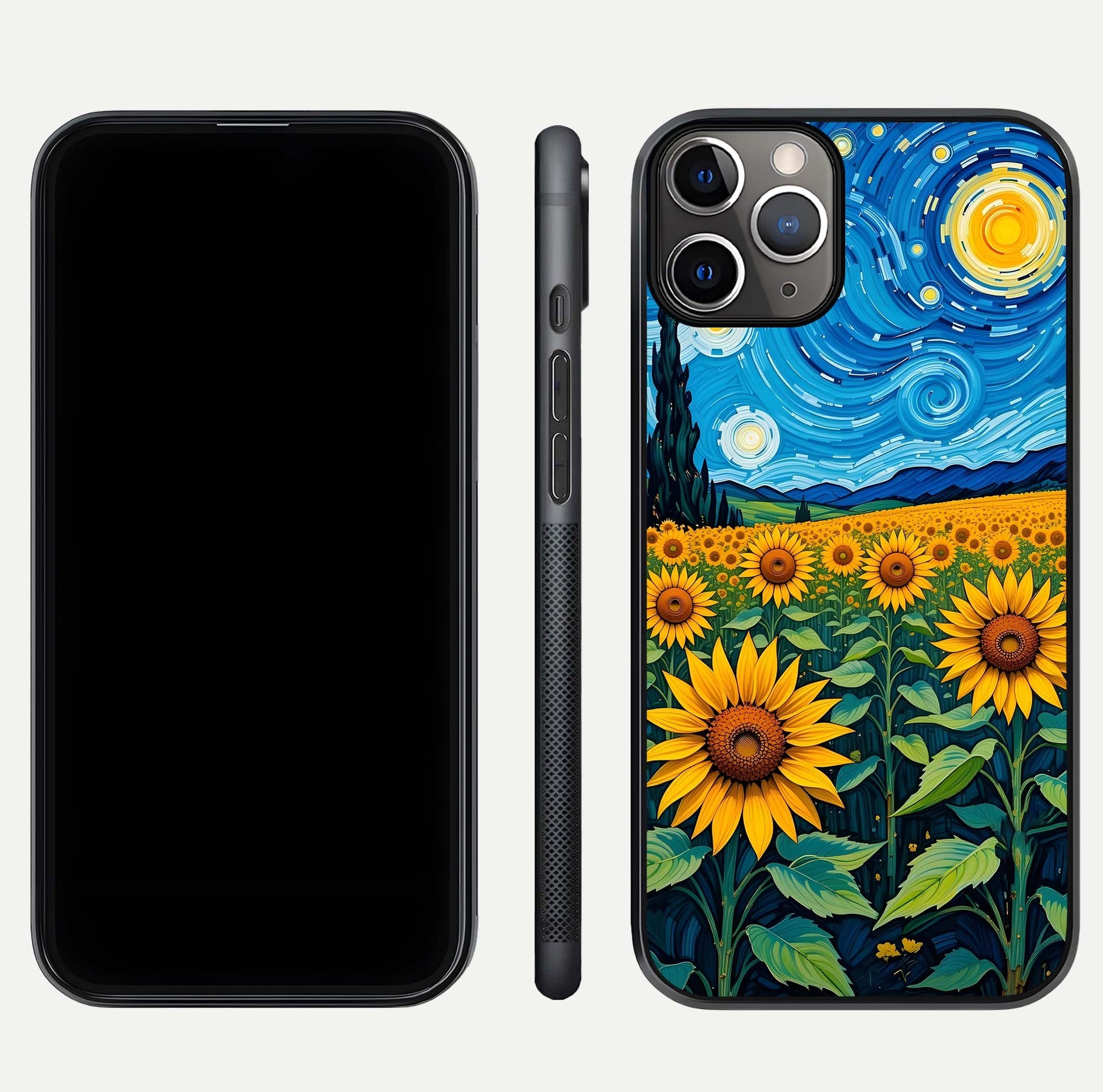Starry Sunflower Dreams Glass Case for iPhone 11 Pro Max close-up angled shot highlighting petal texture and gloss