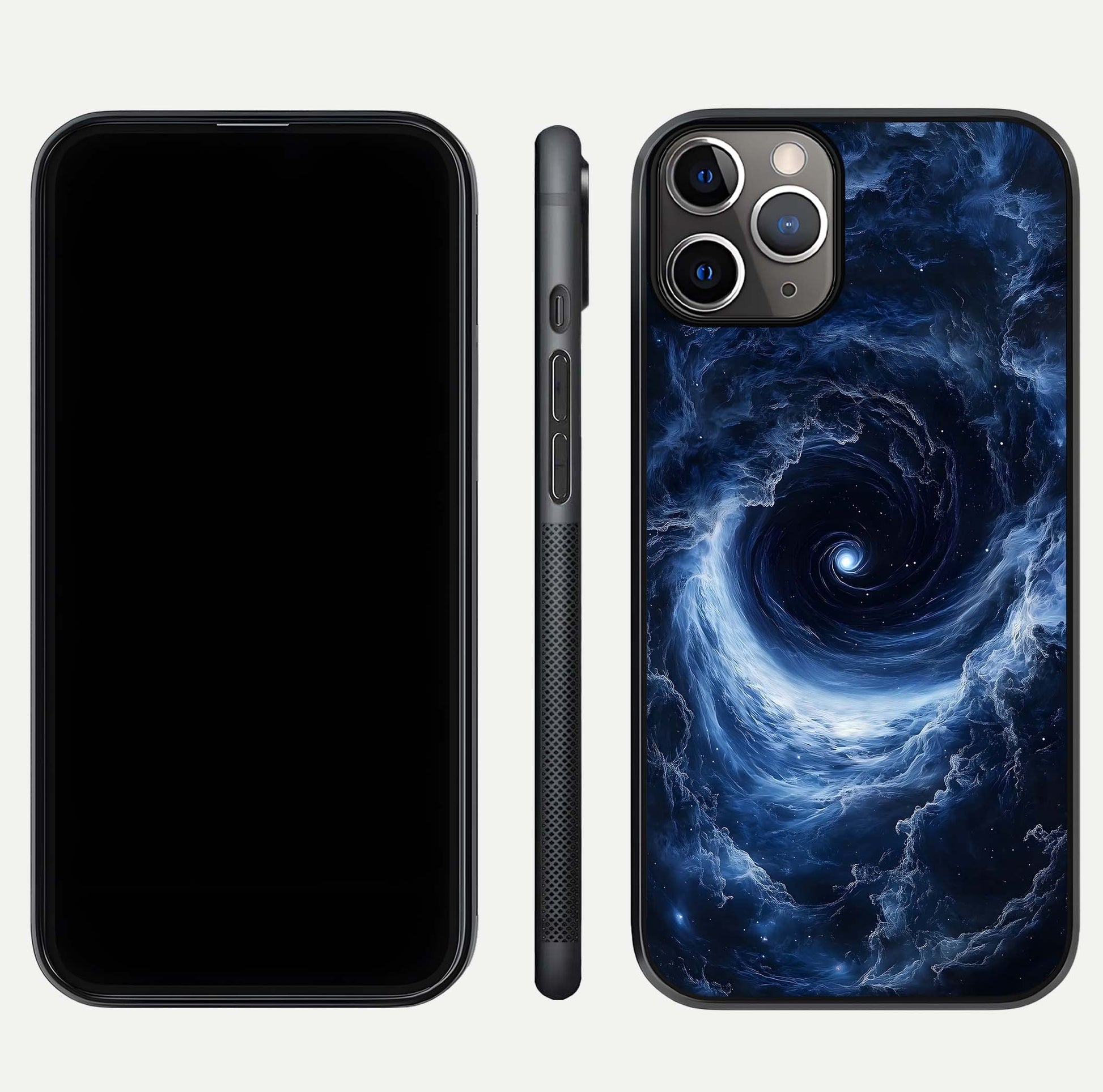 Stunning Galaxy Glass Case for iPhone 11 Pro Max close-up angled shot highlighting nebula tones and HD reflection