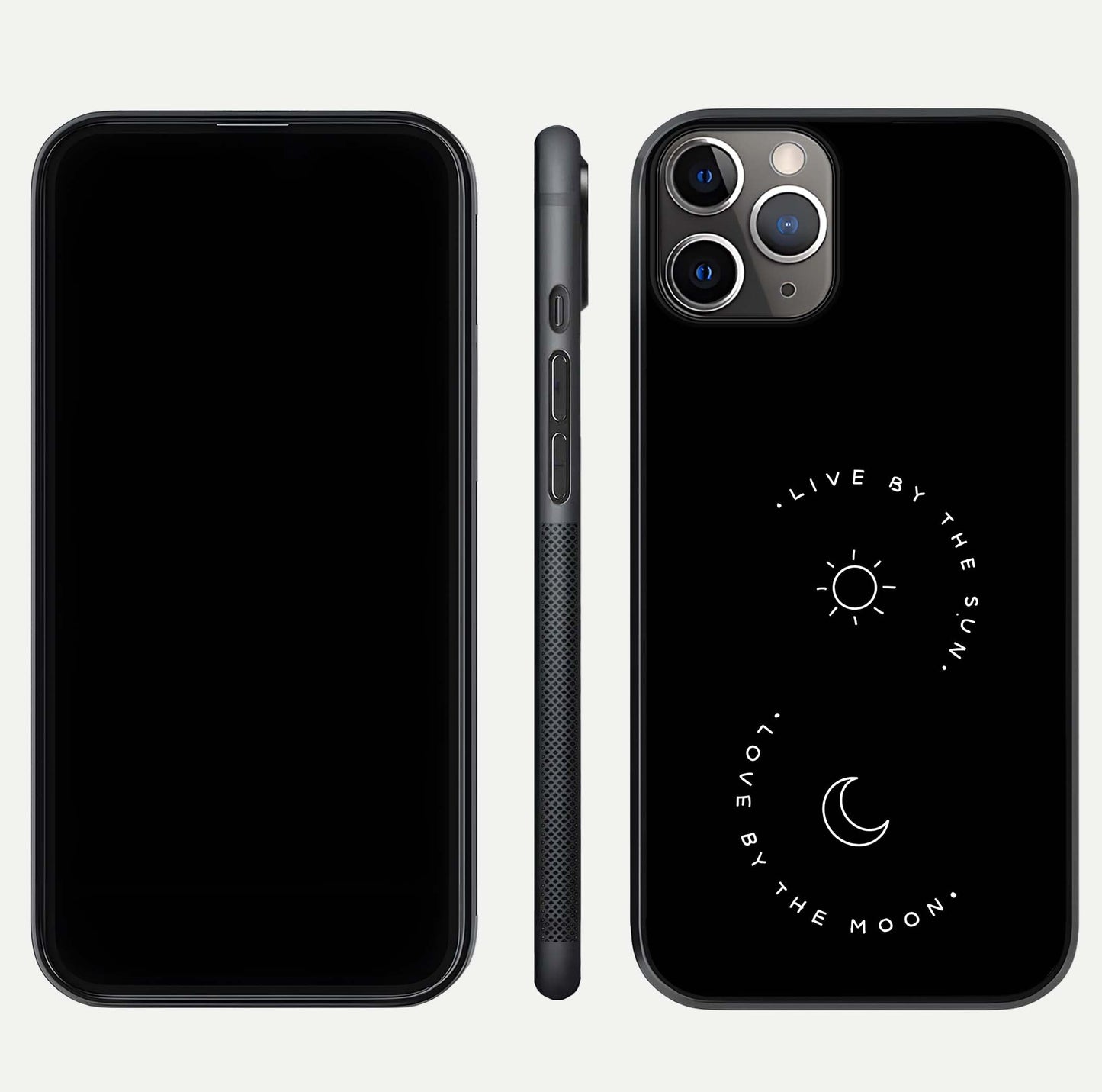 Sun Moon Balance Glass Case for iPhone 11 Pro Max close-up angled shot highlighting cosmic art and HD reflection