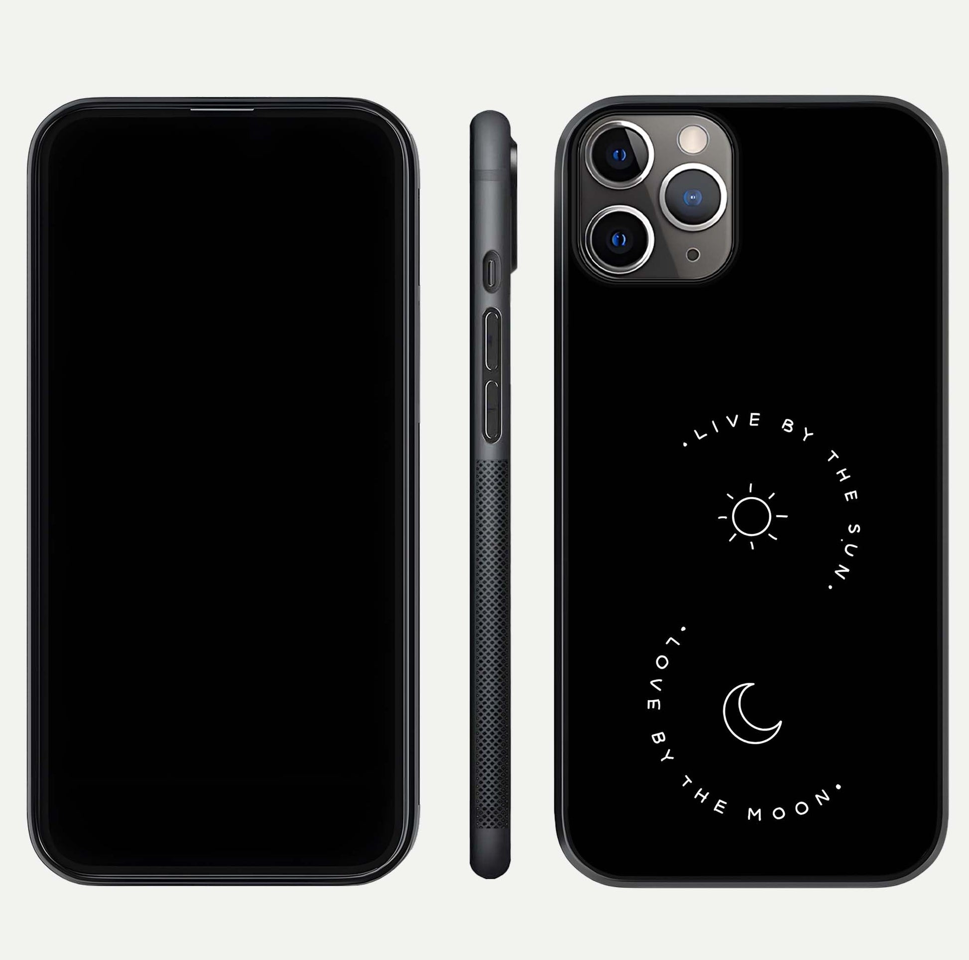 Sun Moon Balance Glass Case for iPhone 11 Pro Max close-up angled shot highlighting cosmic art and HD reflection