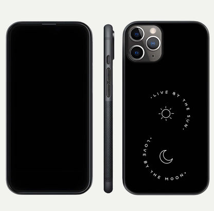 Sun Moon Balance Glass Case for iPhone 11 Pro Max close-up angled shot highlighting cosmic art and HD reflection