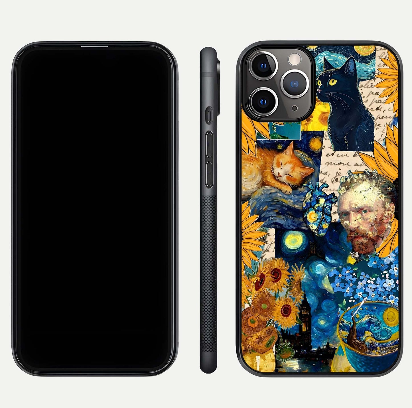 Sunflower Cat Art Glass Case for iPhone 11 Pro Max close-up angled shot highlighting yellow tones and art reflection