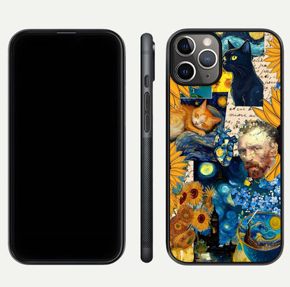 Sunflower Cat Art Glass Case for iPhone 11 Pro Max close-up angled shot highlighting yellow tones and art reflection