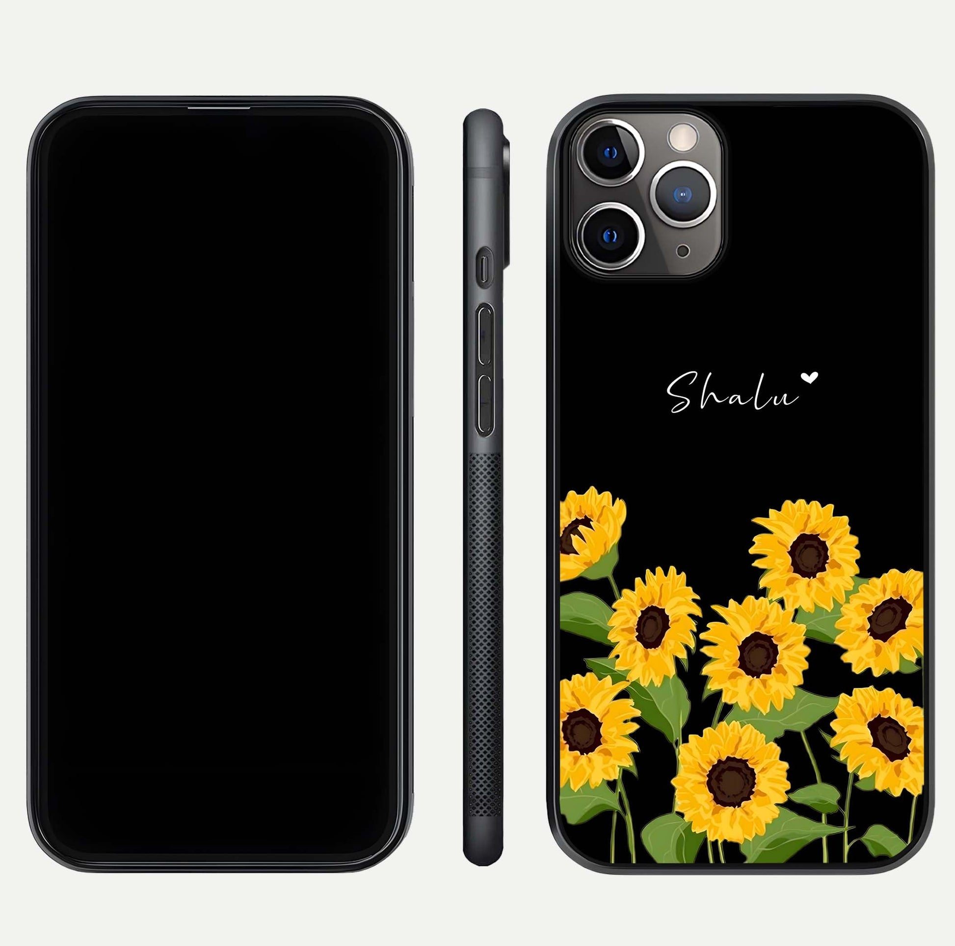 Sunflower Chic Mood Custom Name Glass Case for iPhone 16 Pro close-up angled shot showing HD sunflower pattern