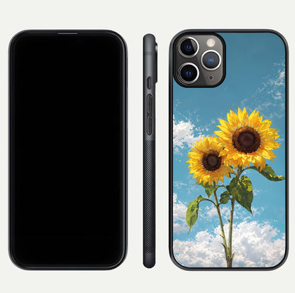 Sunflower Sky Bloom Glass Case for iPhone 11 Pro Max close-up angled shot highlighting petal details and reflection