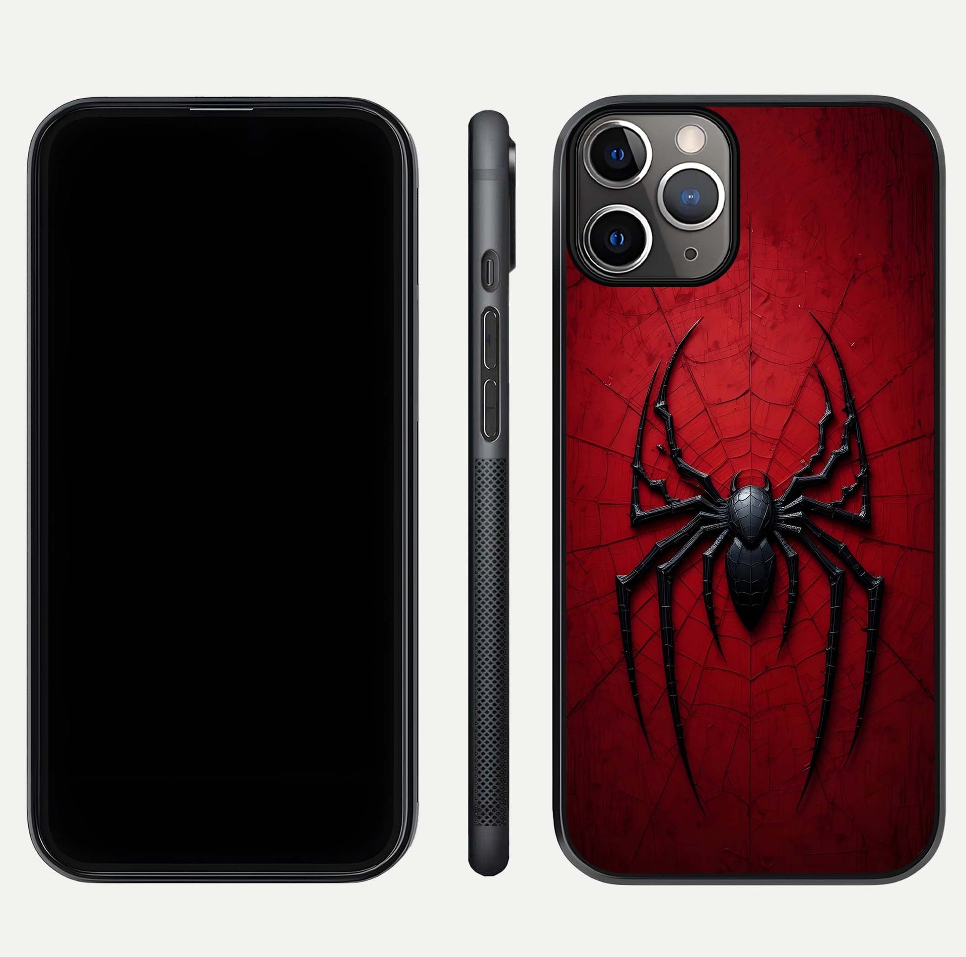 Venom Web Emblem Glass Case for iPhone 11 Pro Max close-up angled shot highlighting sharp logo lines and reflection