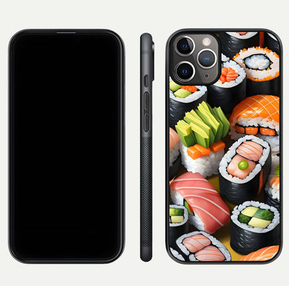 Sushi Food Pattern Glass Case for iPhone 11 Pro Max close-up angled shot highlighting colorful sushi prints and reflection