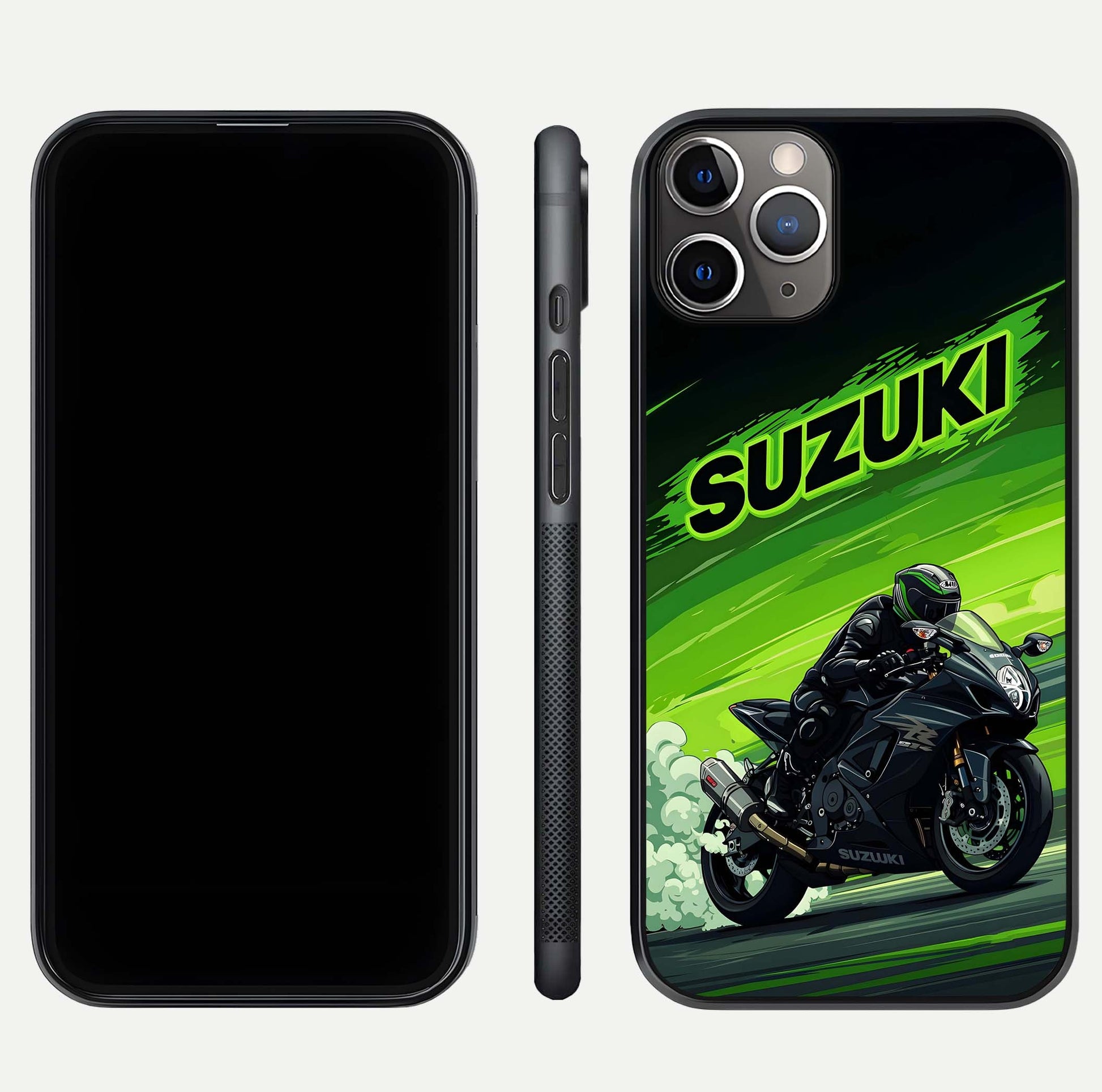 Suzuki Speed Beast Glass Case for iPhone 11 Pro Max close-up angled shot highlighting bold tones and reflection