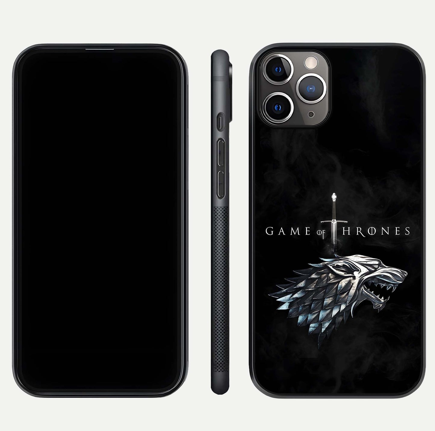 Throne Wolf Legacy Glass Case for iPhone 11 Pro Max close-up angled shot highlighting fur texture and reflection