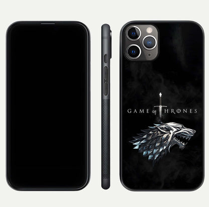 Throne Wolf Legacy Glass Case for iPhone 11 Pro Max close-up angled shot highlighting fur texture and reflection