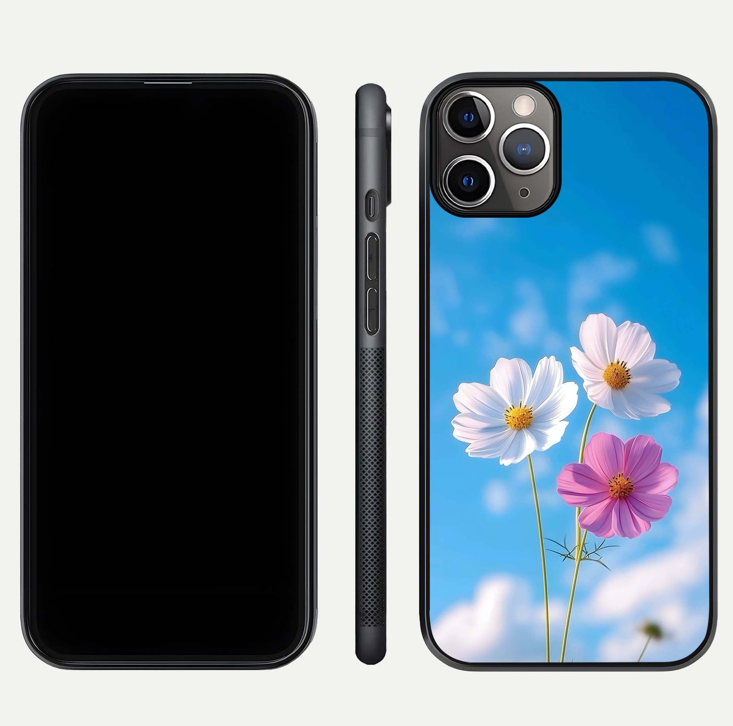 Triple Flowers With Sky Glass Case for iPhone 11 Pro Max close-up angled shot highlighting petal and reflection details