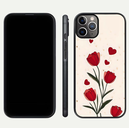 Tulip With Heart Glass Case for iPhone 11 Pro Max close-up angled shot highlighting petal details and reflection