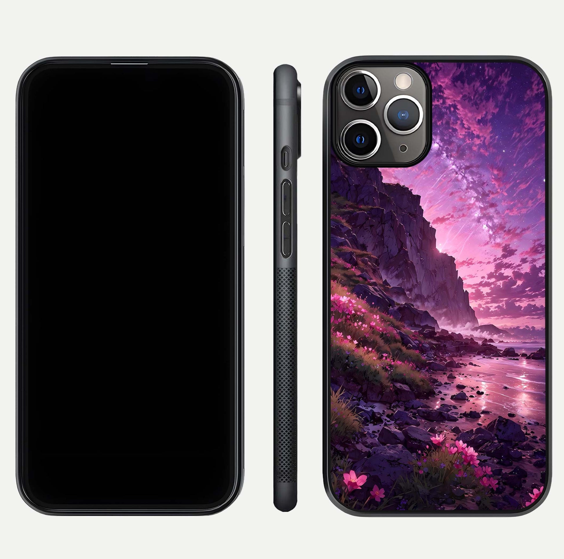 Twilight Blossom Coast Glass Case for iPhone 11 Pro Max close-up angled shot highlighting gradient sky and reflection