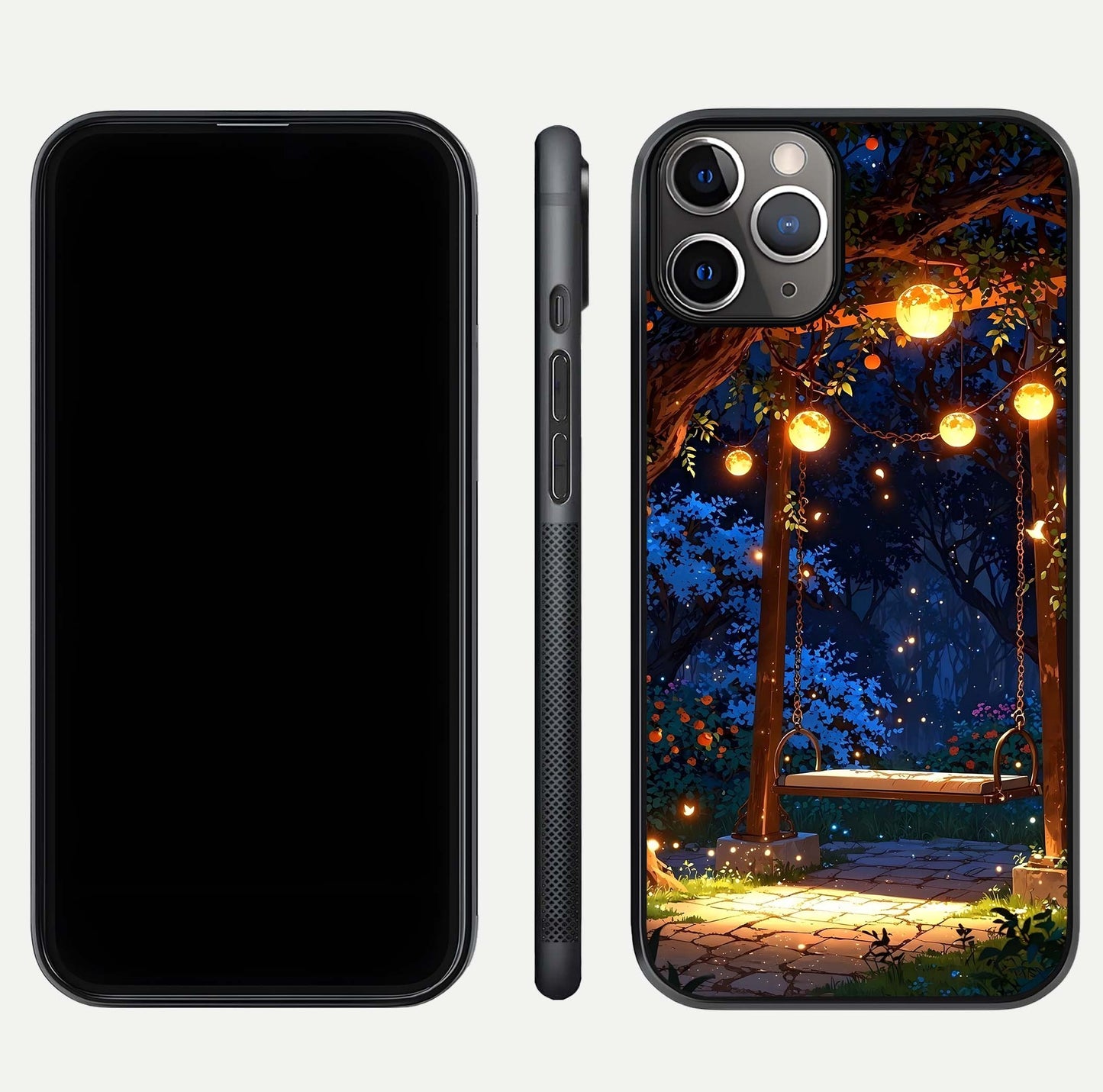 Twilight Garden Swing Glass Case for iPhone 11 Pro Max close-up angled shot highlighting floral tones and reflection
