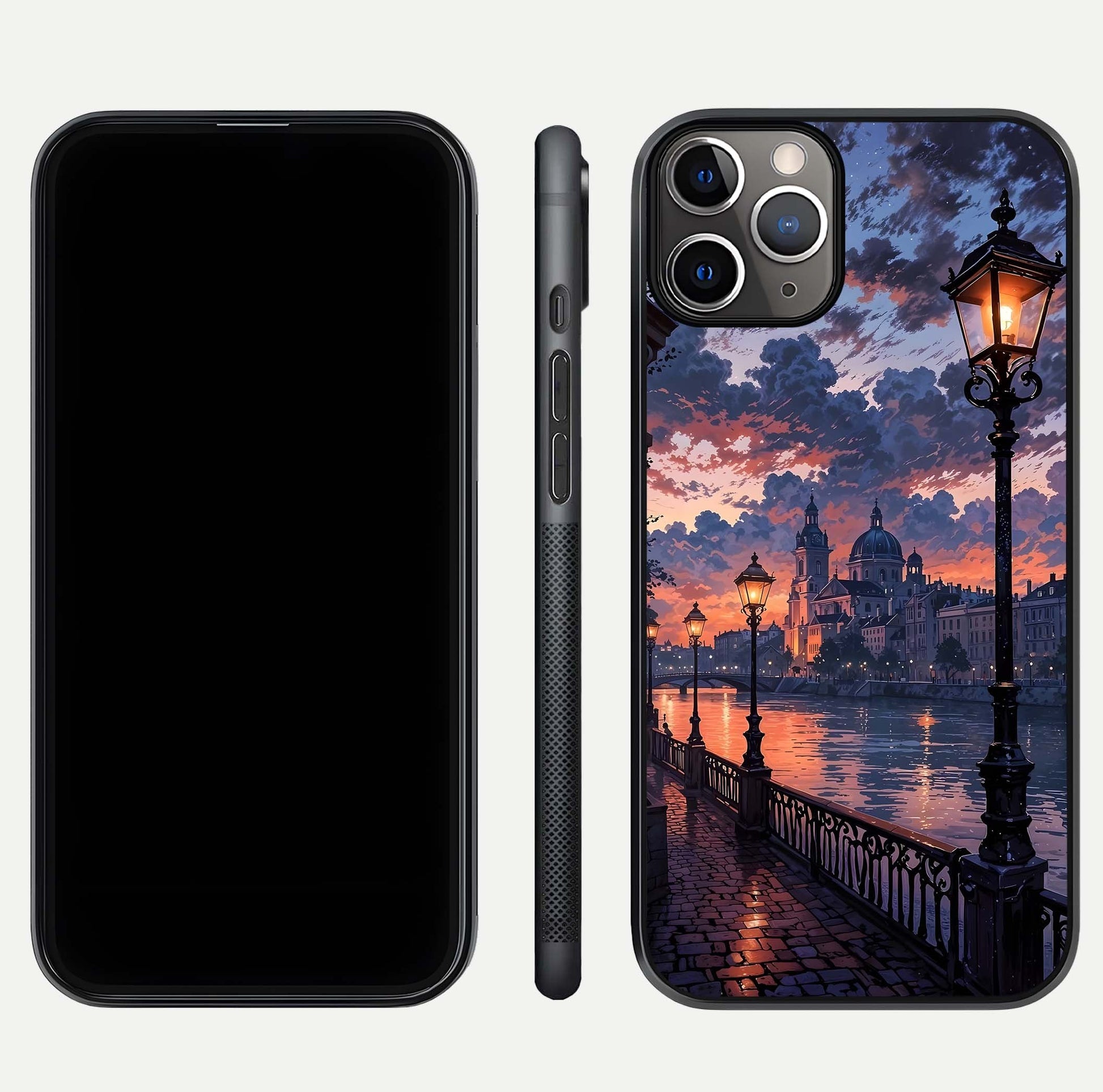 Twilight River Lights Glass Case for iPhone 11 Pro Max close-up angled shot highlighting river reflections and color tones
