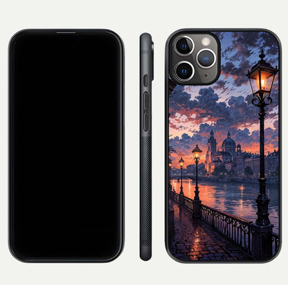 Twilight River Lights Glass Case for iPhone 11 Pro Max close-up angled shot highlighting river reflections and color tones