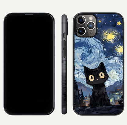 Van Gogh Cat Glass Case for iPhone 11 Pro Max close-up angled shot highlighting brushstroke texture and reflection