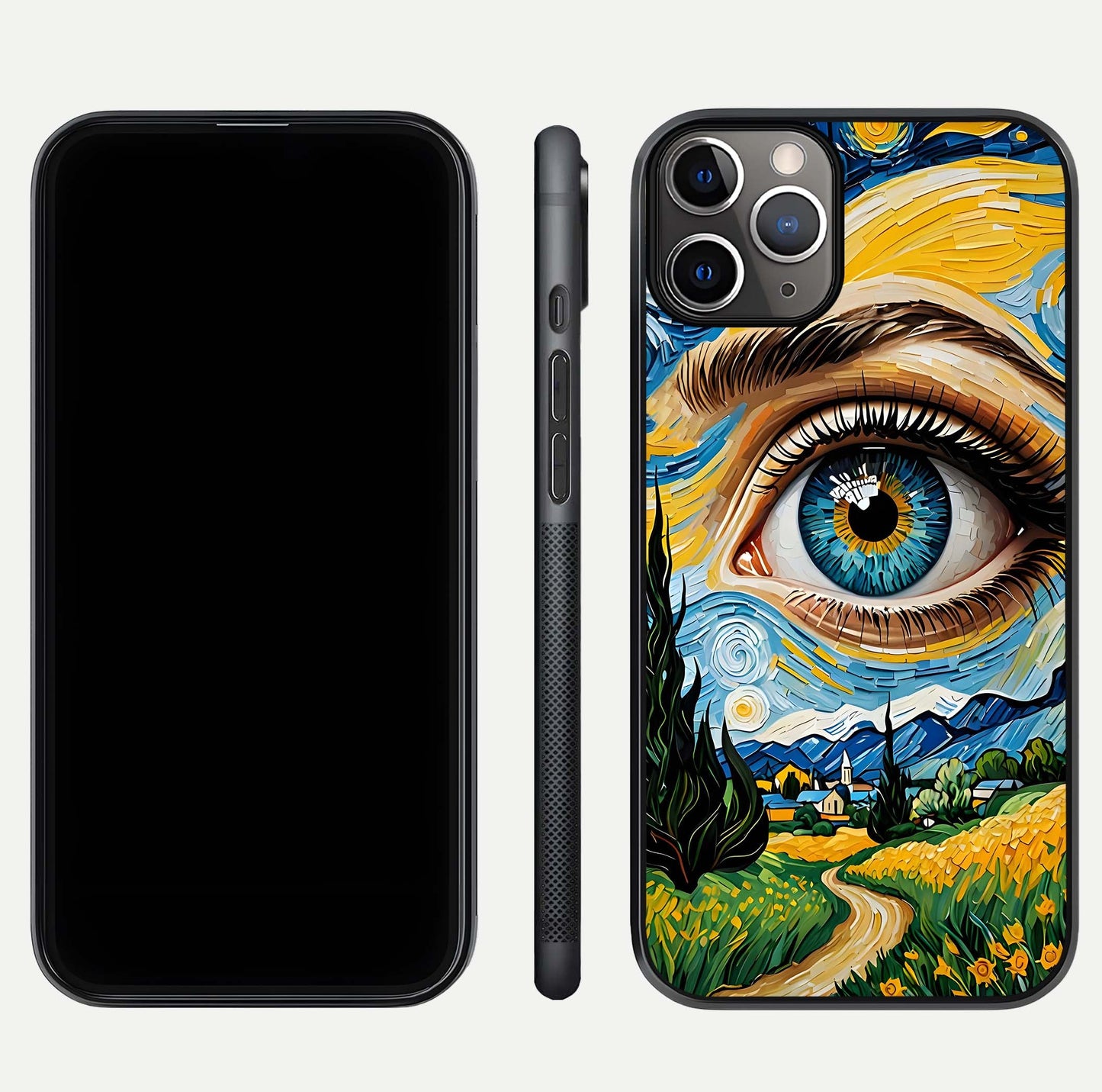 Van Gogh Eye Glass Case for iPhone 16 Pro close-up angled shot highlighting color blend and gloss reflection