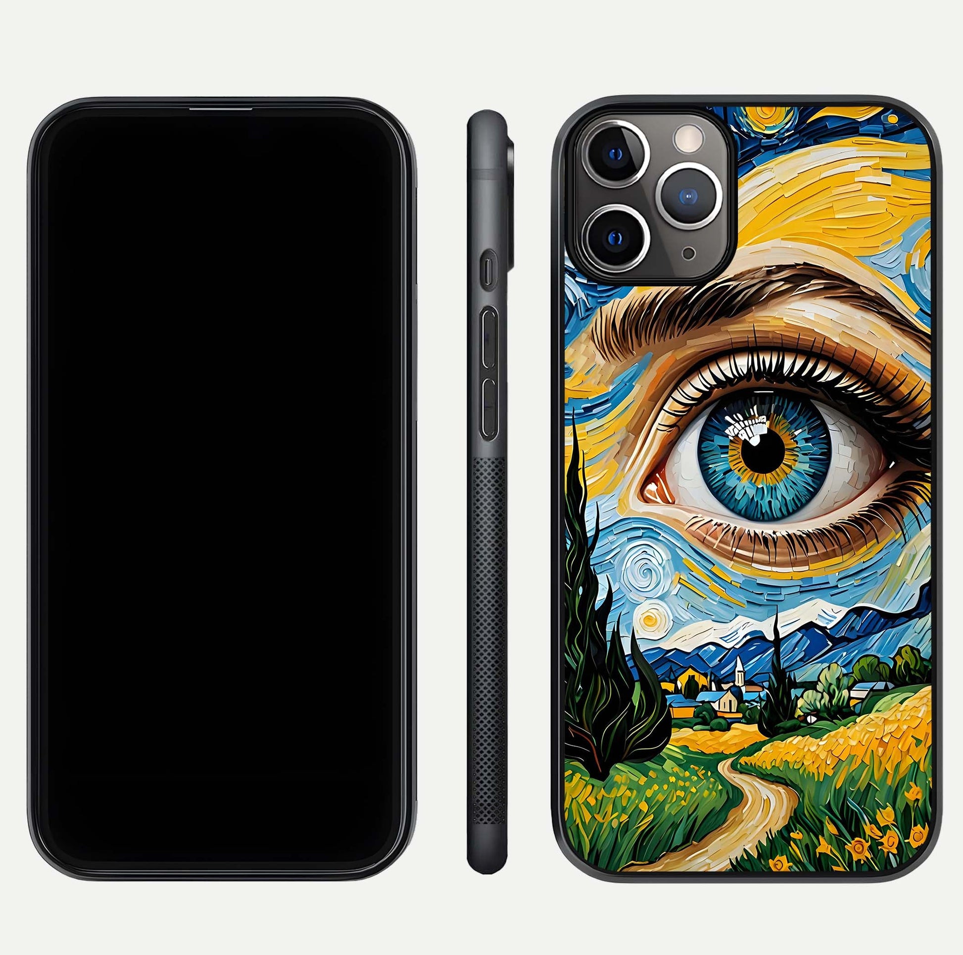 Van Gogh Eye Glass Case for iPhone 16 Pro close-up angled shot highlighting color blend and gloss reflection