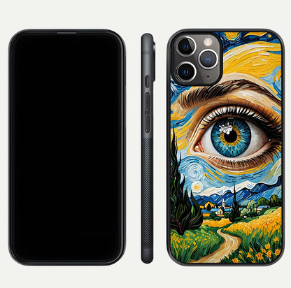 Van Gogh Eye Glass Case for iPhone 16 Pro close-up angled shot highlighting color blend and gloss reflection