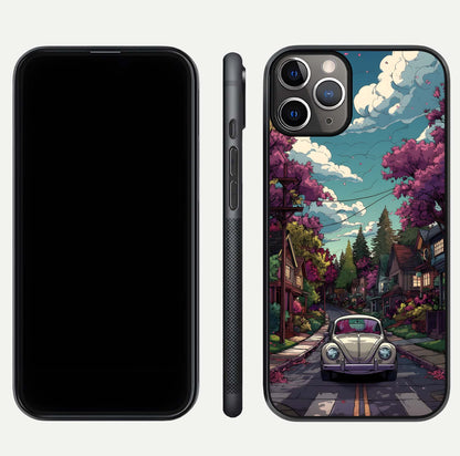 Vintage Street Drive Glass Case for iPhone 11 Pro Max close-up angled shot highlighting vintage tones and reflection