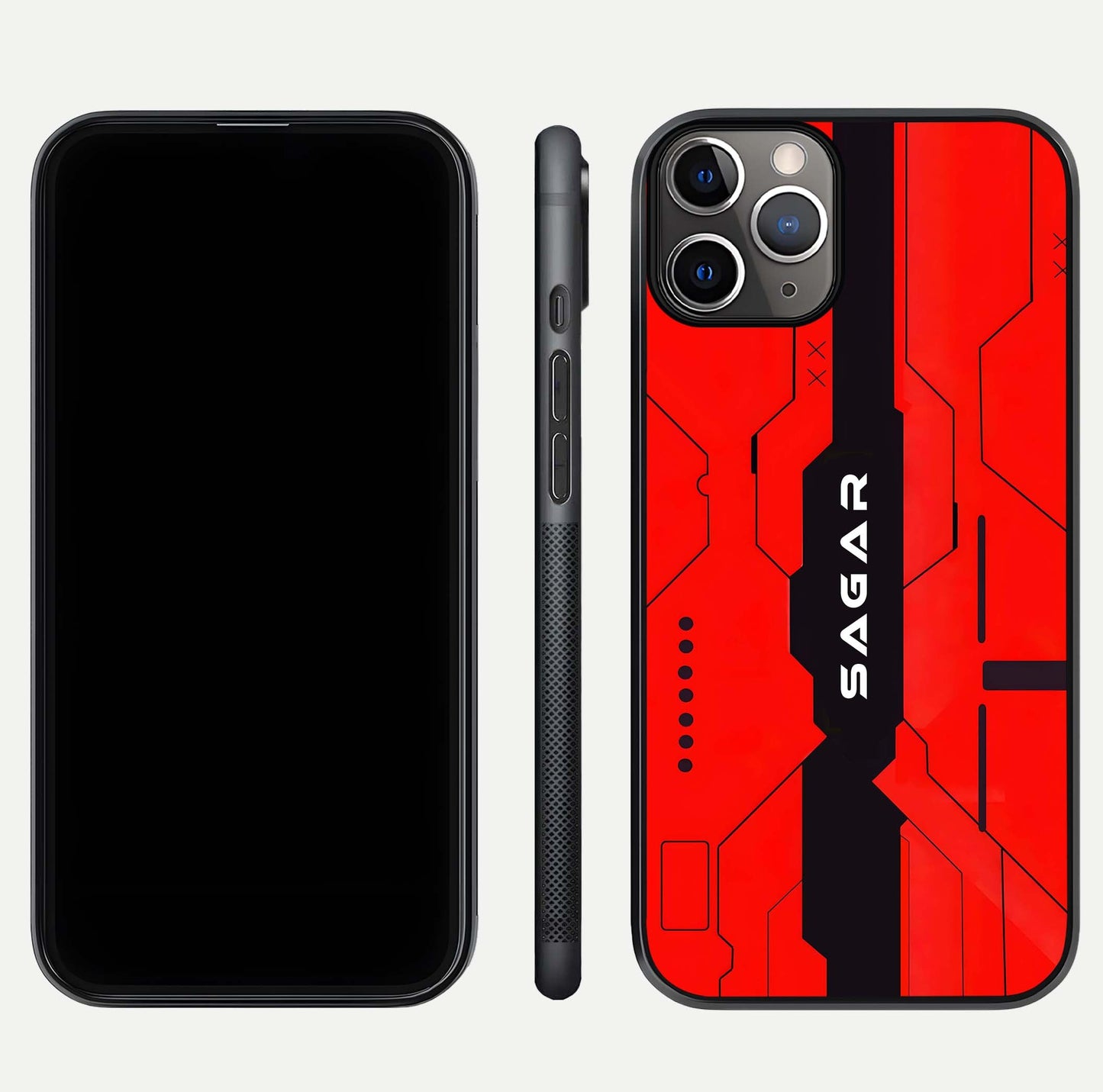 Voltage Rise CYBERPUNK Custom Name Glass Case for iPhone 11 Pro Max close-up angled shot highlighting neon glow and reflection