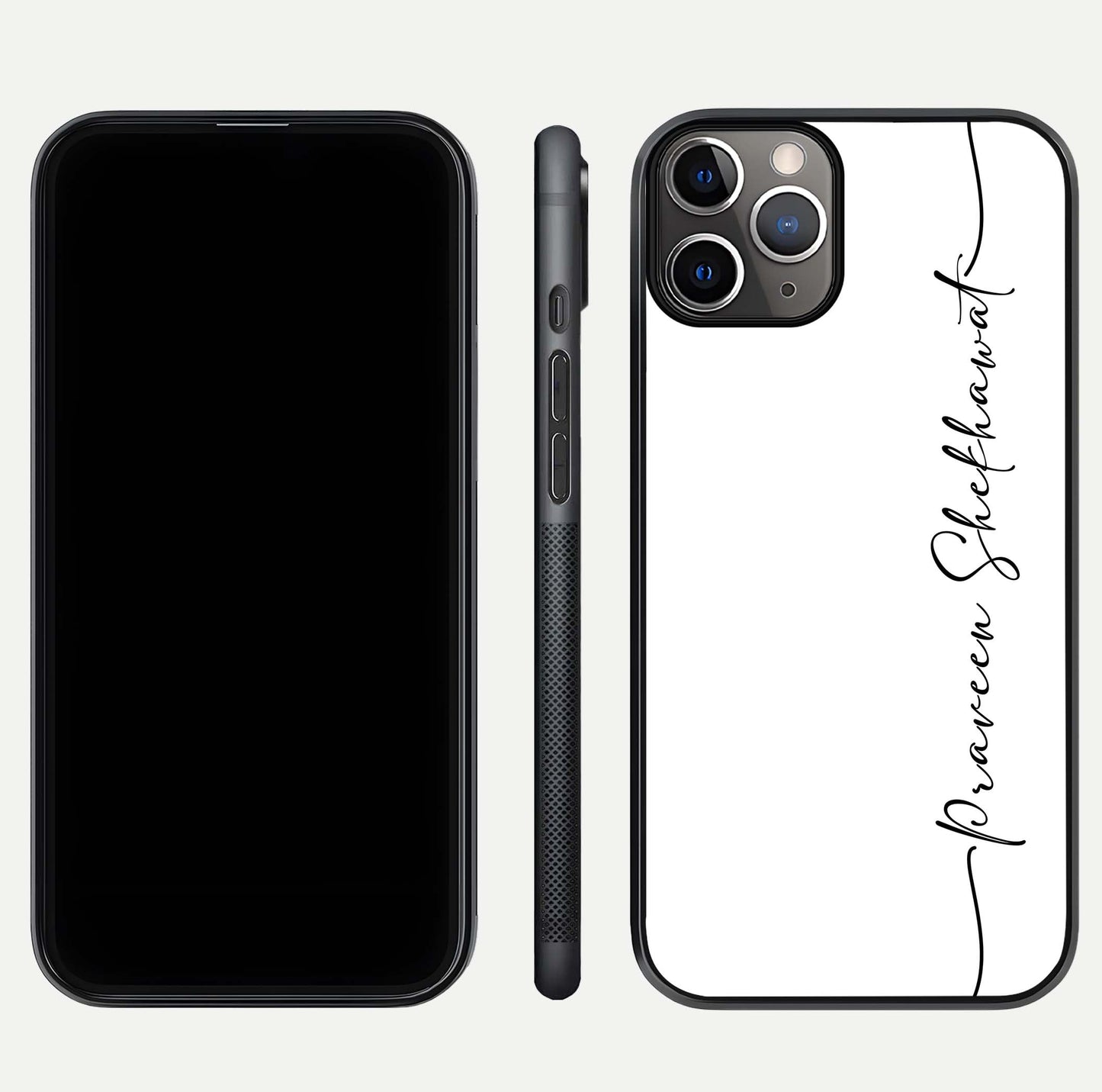 White Tune Custom Name Glass Case for iPhone 11 Pro Max close-up angled shot highlighting gloss reflection and texture