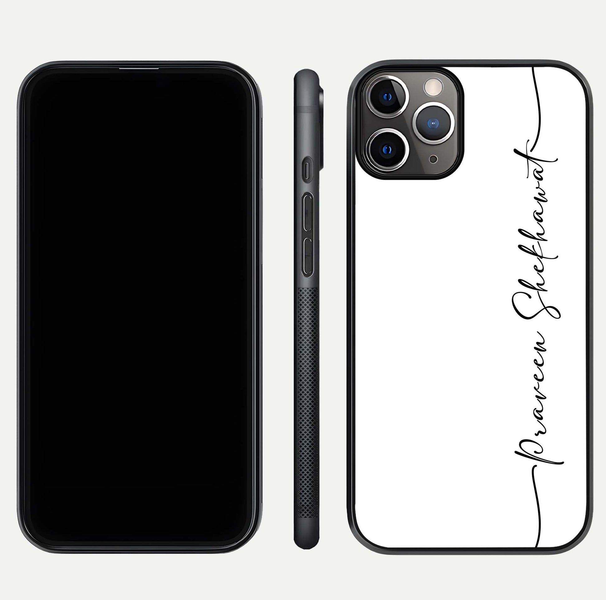 White Tune Custom Name Glass Case for iPhone 11 Pro Max close-up angled shot highlighting gloss reflection and texture