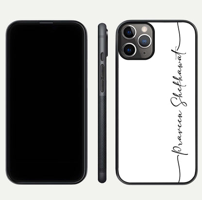 White Tune Custom Name Glass Case for iPhone 11 Pro Max close-up angled shot highlighting gloss reflection and texture