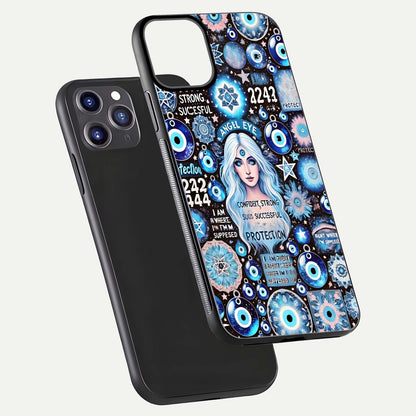 Angel Aura Shield Glass Case for iPhone 16 Pro front and back display highlighting glass clarity and spiritual design