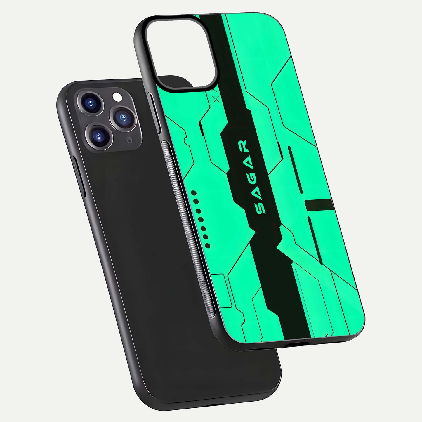 Aqua Tech CYBERPUNK Custom Name Glass Case for iPhone 16 Pro front and back display showing sleek tech pattern and shine