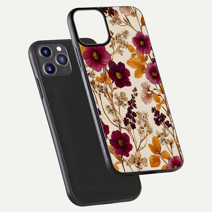 Autumn Wine Bloom Glass Case for iPhone 16 Pro front and back layout showing autumn print and HD glass clarity