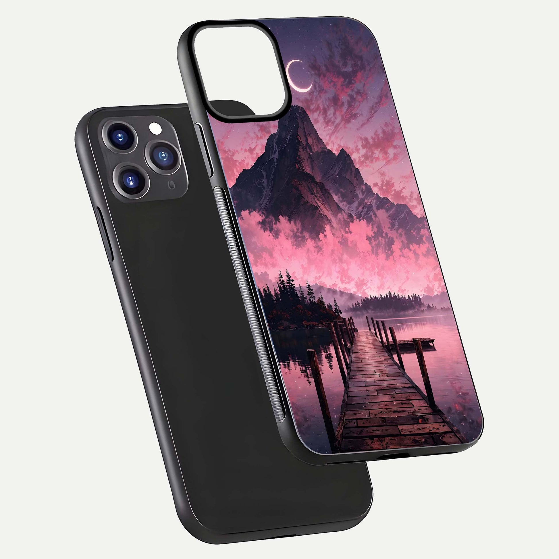 Beautyful Mountain View Glass Case for iPhone 11 Pro Max front and back layout showcasing natural tones and clarity