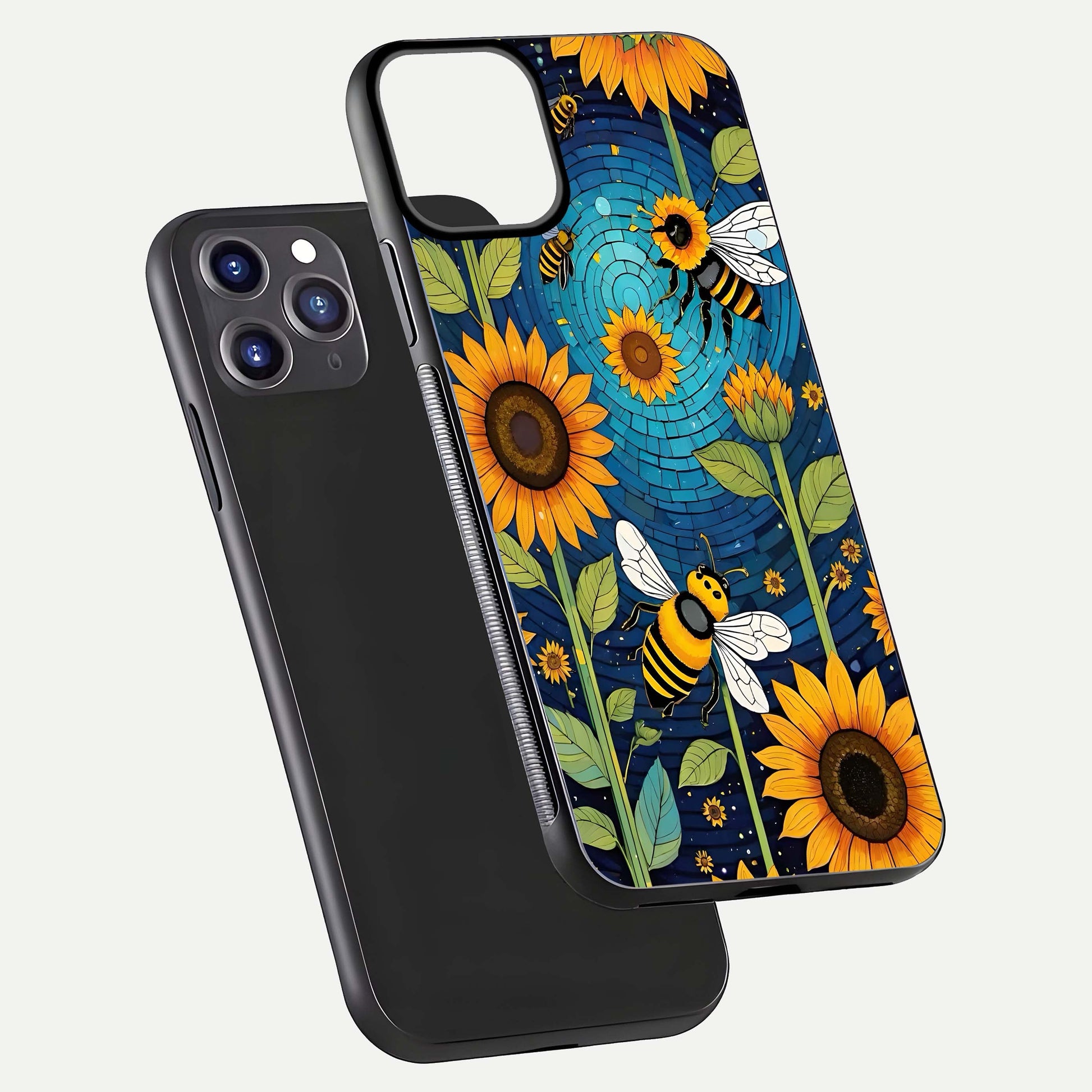 Bees & Sunflowers Glass Case for iPhone 11 Pro Max front-and-back layout highlighting nature-inspired artwork and protective edge