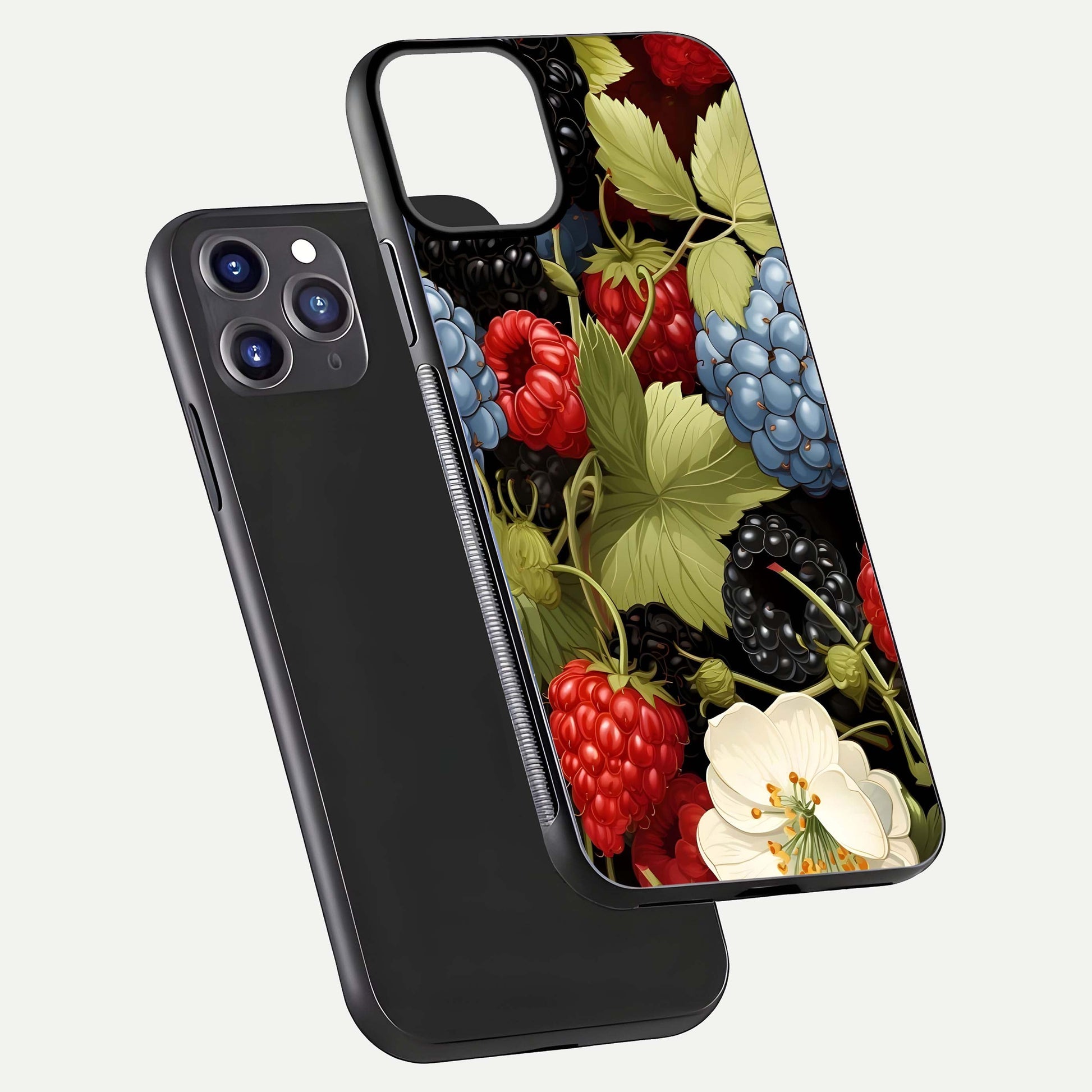 Berry Bloom Charm Glass Case for iPhone 11 Pro Max front-and-back layout showing floral pattern continuity and smooth glass shine