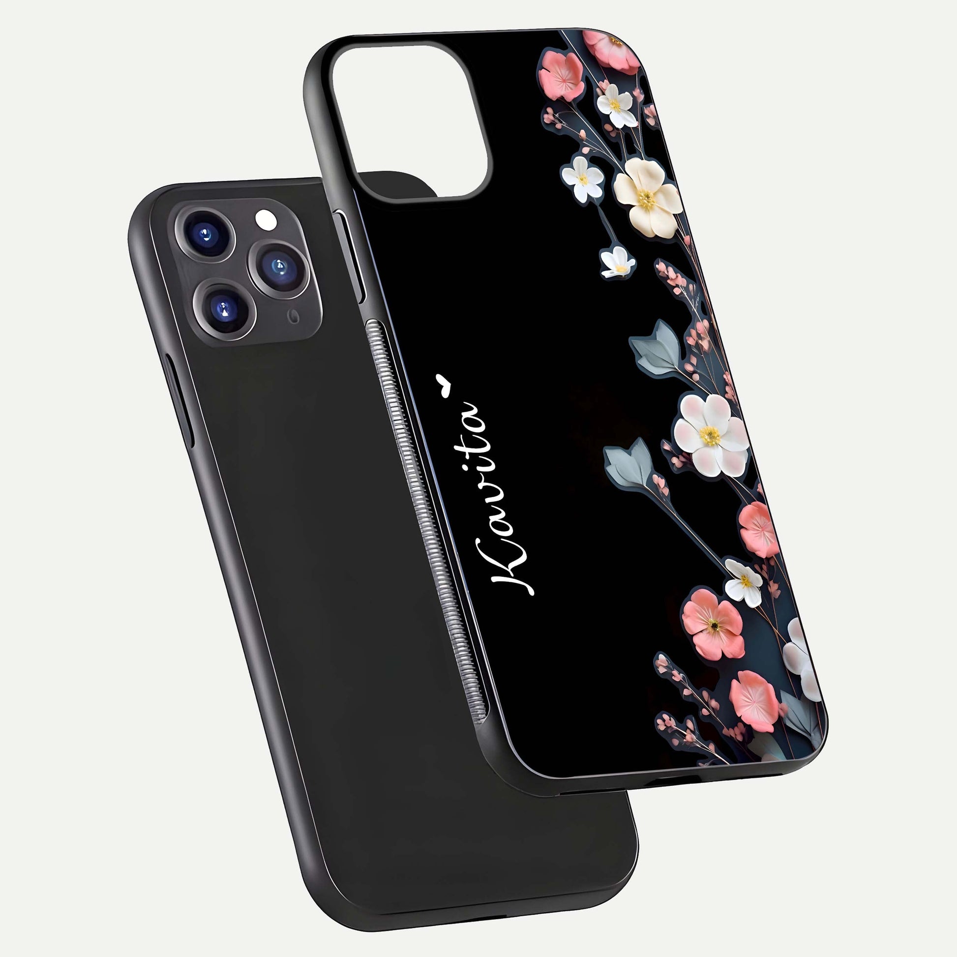 Black Elegance Floral Custom Name Glass Case for iPhone 16 Pro dual-view layout displaying name placement and gloss finish
