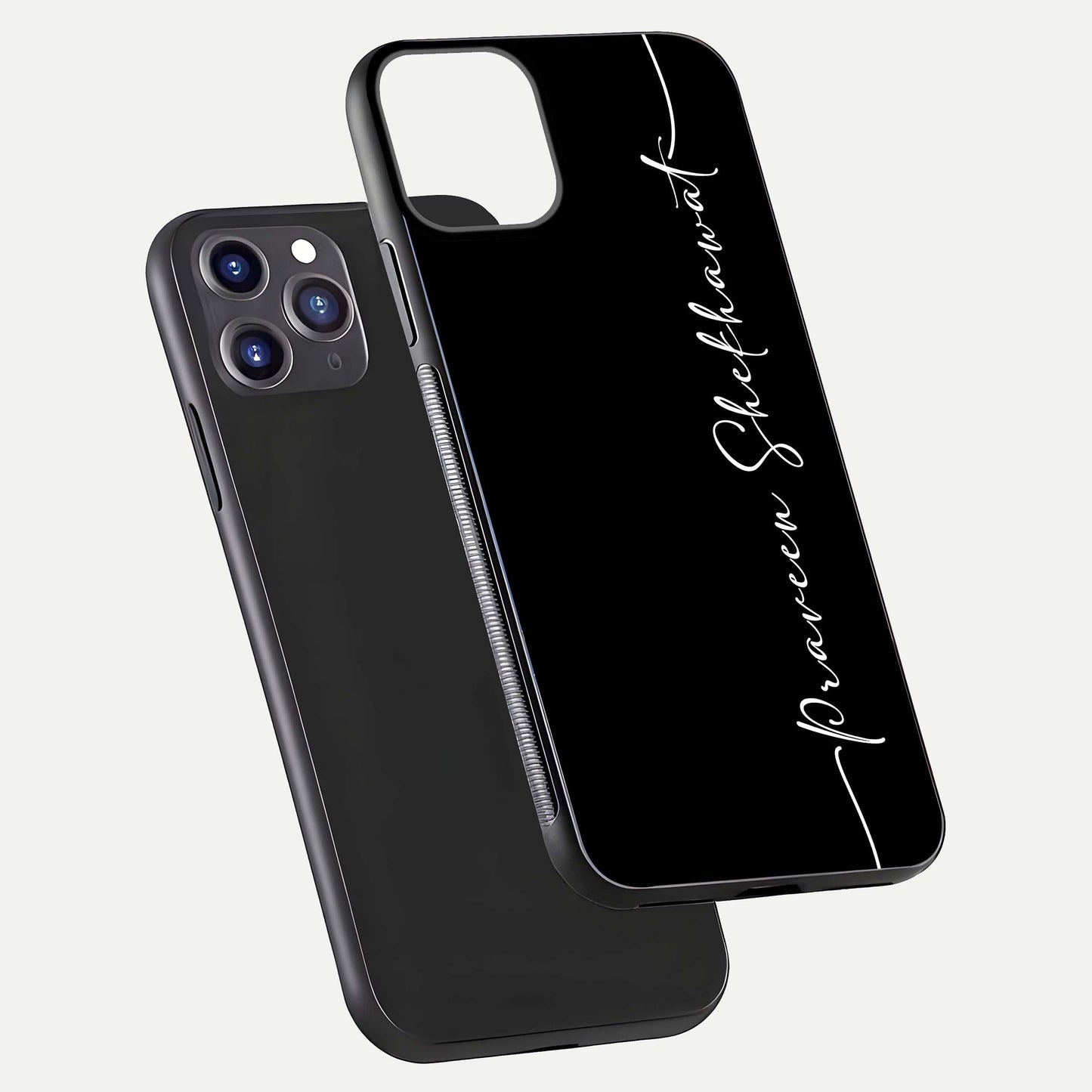 Black Tune Custom Name Glass Case for iPhone 16 Pro front-and-back layout showing personalized name zone and edges