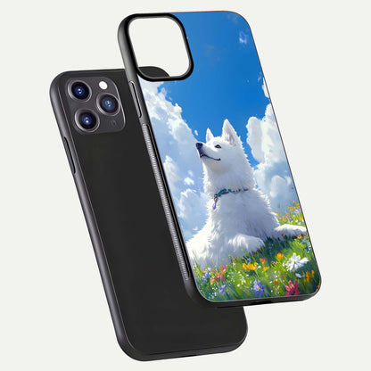 Blissful Cloud Pup Glass Case for iPhone 11 Pro Max front-and-back layout showing art alignment and edge design