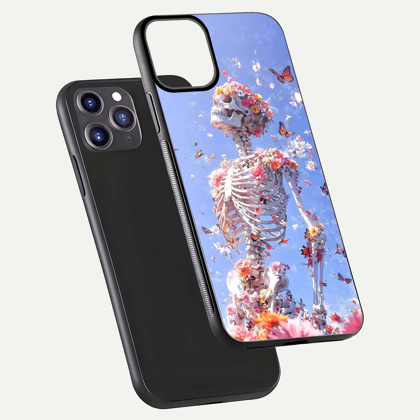 Bloom Beyond Bones Glass Case for iPhone 11 Pro Max dual-view layout showing creative aesthetic and edge design