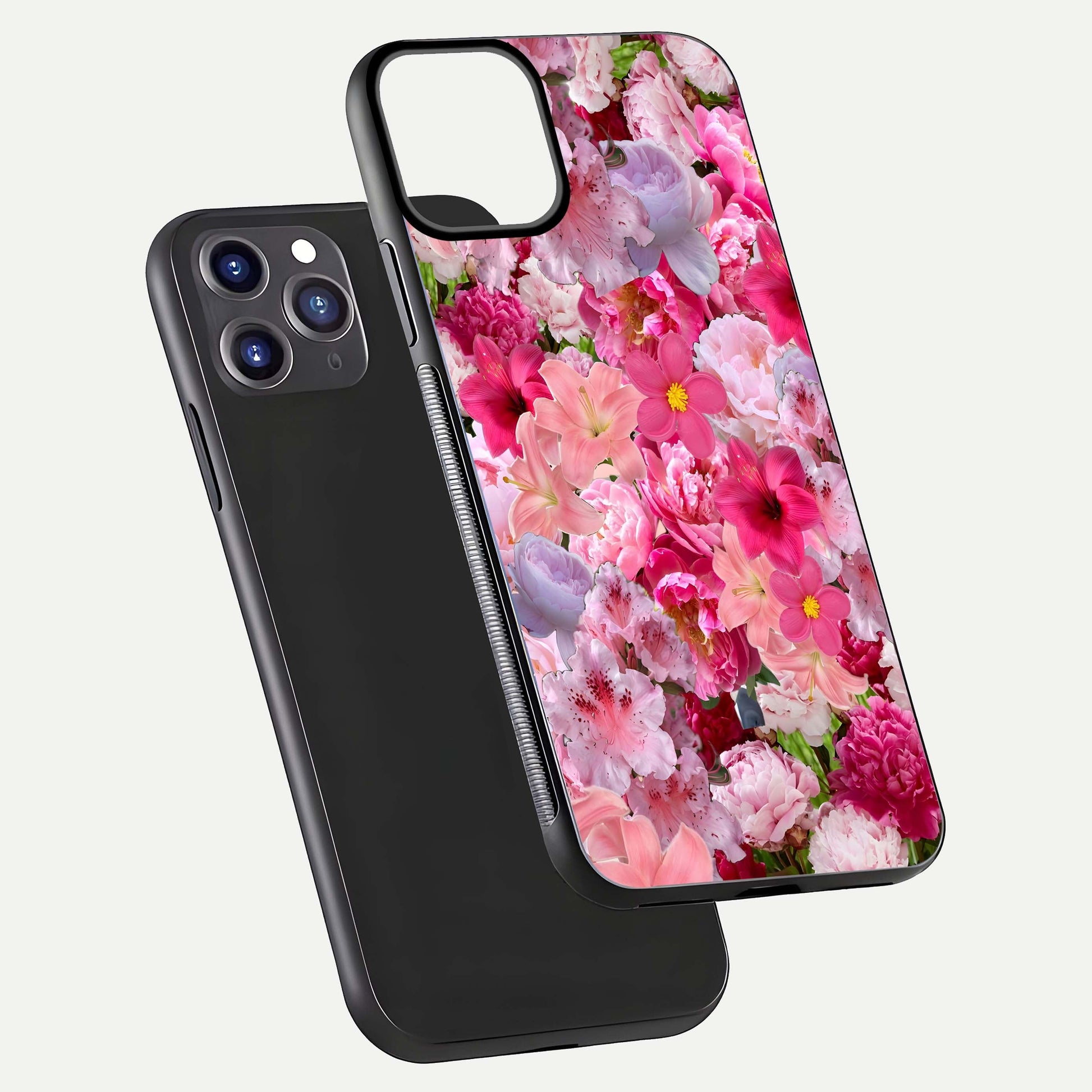 Bloom Crush Fantasy Glass Case for iPhone 11 Pro Max dual-view layout highlighting edges and premium shine
