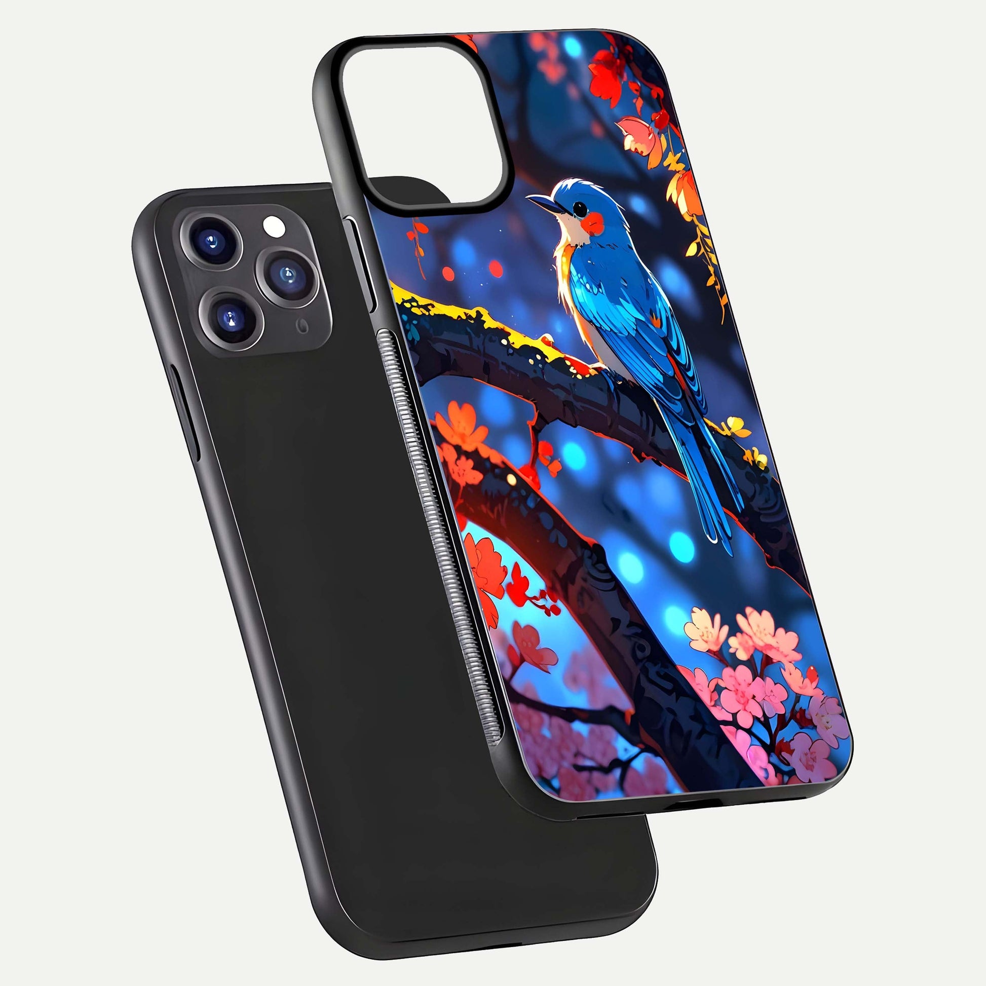 Blooming Spendor Bird Glass Case for iPhone 11 Pro Max front-and-back view showing nature print and protective edge