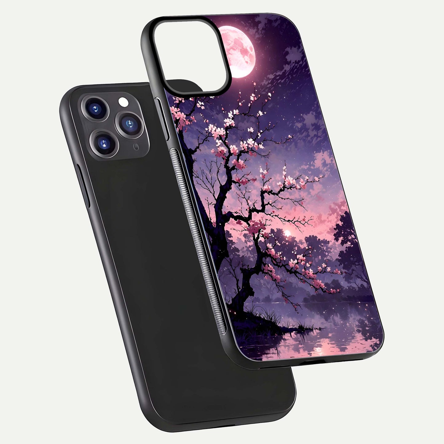 Blossom Pink Moon Glass Case for iPhone 11 Pro Max front-and-back layout showing minimal edges and artistic flower print