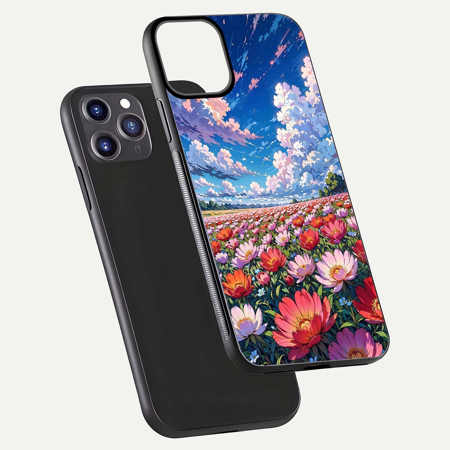 Blossom Sky Field Glass Case for iPhone 11 Pro Max front-and-back layout highlighting design edges and gloss clarity