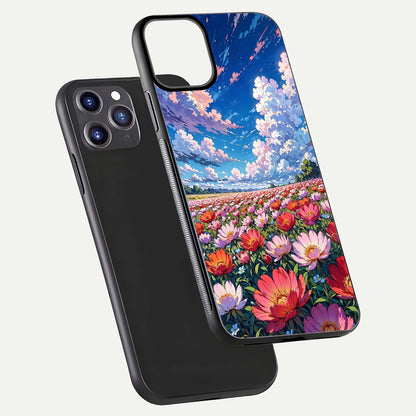 Blossom Sky Field Glass Case for iPhone 11 Pro Max front-and-back layout highlighting design edges and gloss clarity