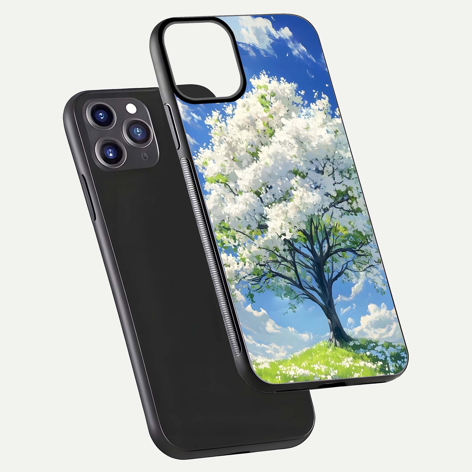 Blossom Sky Serenity Glass Case for iPhone 11 Pro Max dual-view layout showing pastel hues and soft protective edges