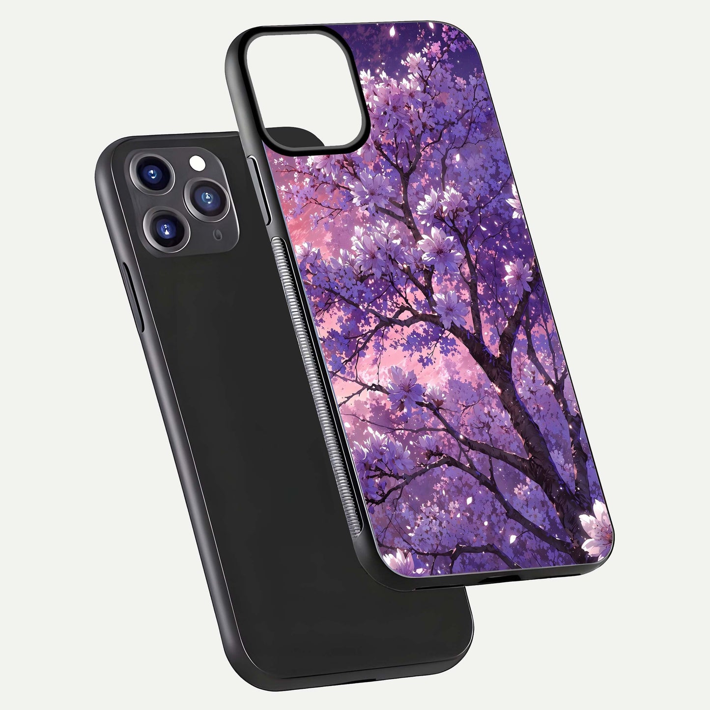 Blossom Tree Glass Case for iPhone 11 Pro Max front-and-back layout showing art alignment and gloss reflection